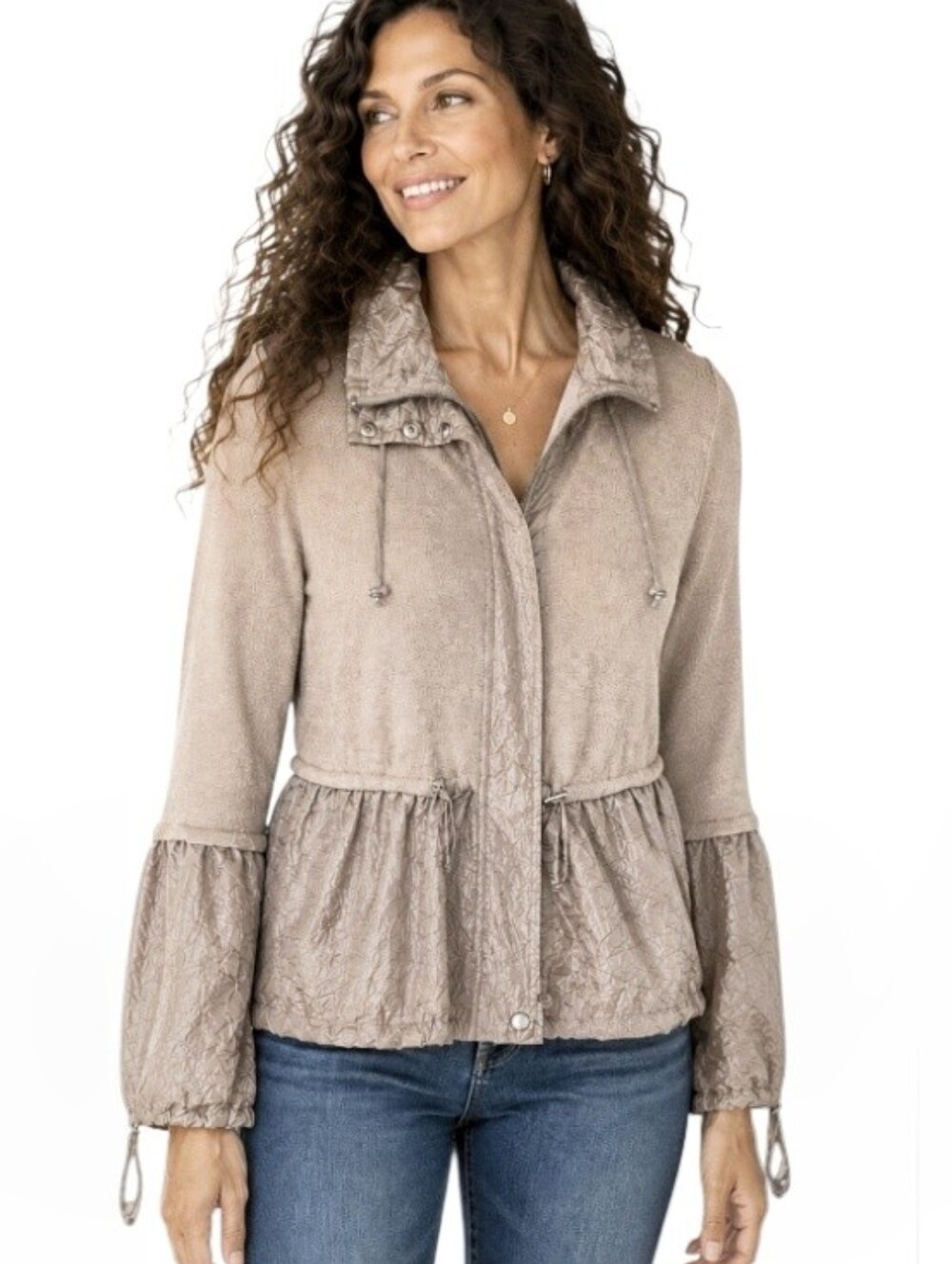 Puli Unique Mixed Media Crinkle Collar Sweater Zip Jacket Taupe Knit Boho  L